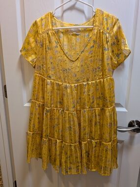 Urban Outfitters Pippa Yellow Floral Tiered V-Neck Mini Dress